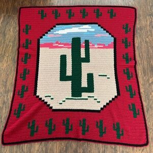 Handmade Knit Crochet Desert Southwestern Cactus Throw Blanket 54”x49”